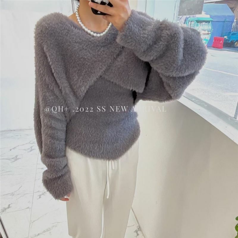 New Korea Women Camis Slim  Fuzzy Vintage Irregular Shawl Sweater Cross Design Spaghetti Strap Tank Tops Winter Two Piece Sets