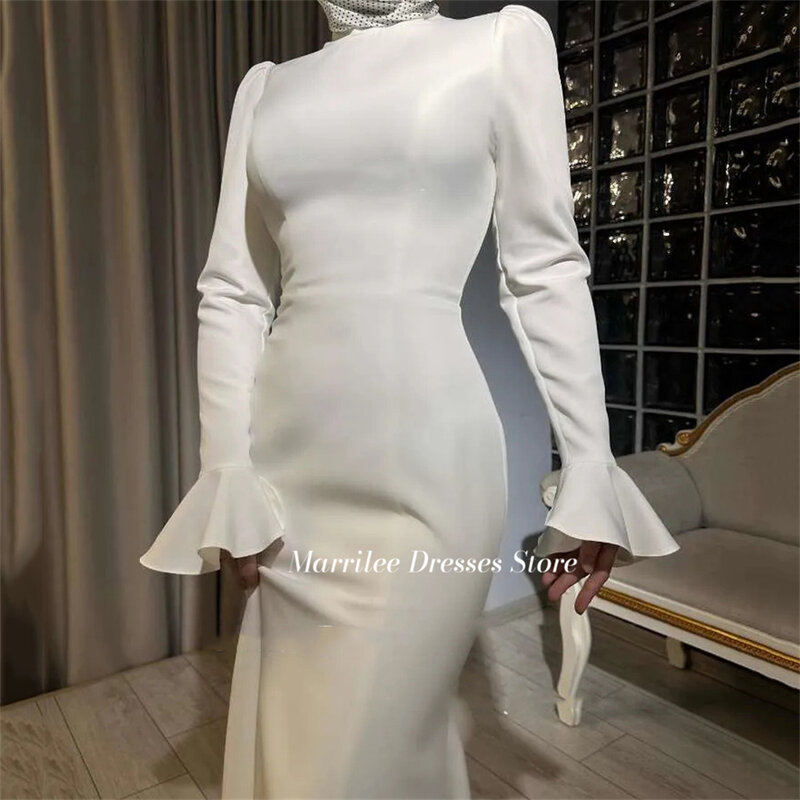 Marrilee Elegant Ivory High Neck Ruched Stain Prom Party Gowns Long Sleeves Floor Length Pleated Formal Ocasions Evening Dresses