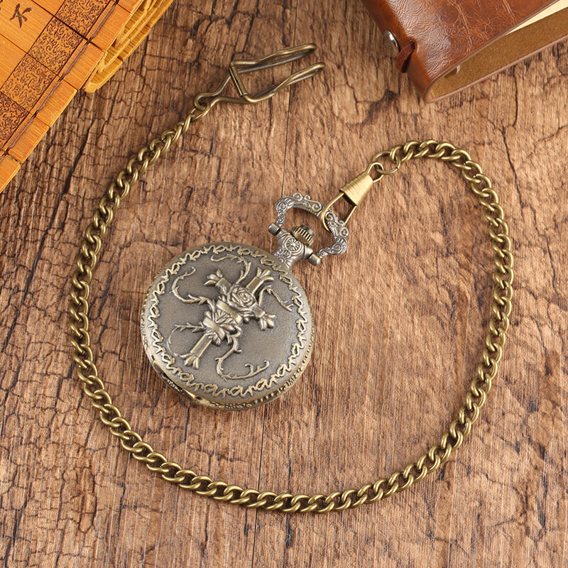 Vintage Bronze Cruz Árabe Número Relógio De Bolso Quartzo Analógico 30cm Cadeia De Bolso Pingente Relógio Presente Homens Mulheres