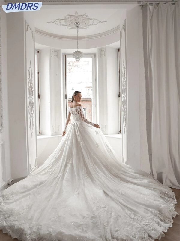 Luksusowa suknia ślubna syrenka romantyczna z długim rękawem suknia ślubna elegancka szata panny młodej z odkrytymi ramionami