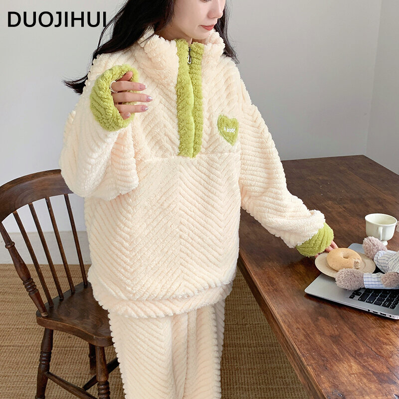 Duojihui-韓国スタイルのフランネルパジャマセット、女性用、シックなジッパープルオーバー、対照的な色、女性のファッション、厚手の暖かい、冬