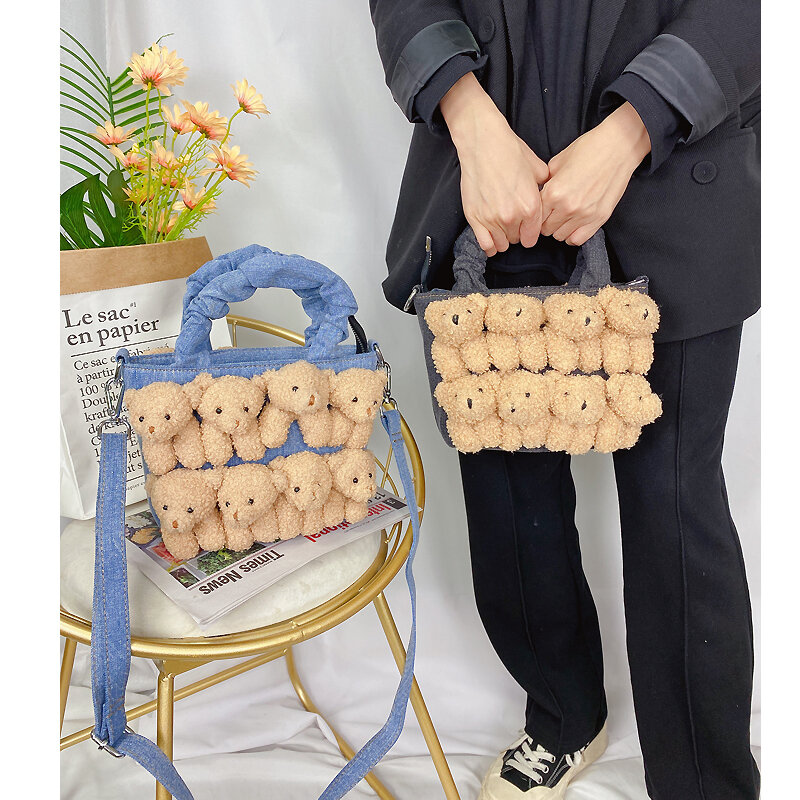 Moda damska Denim wiadro zabawka z kreskówki dekoracji torebki i portmonetki dla kobiet słodkie lalki projekt torby na ramię torby Crossbody
