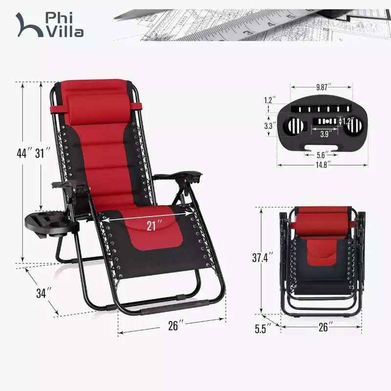 Foldable Terrace Lounge Chair with Adjustable Headrest and Cup Holder, Supporting 350 Pound (red) Lounge Chair