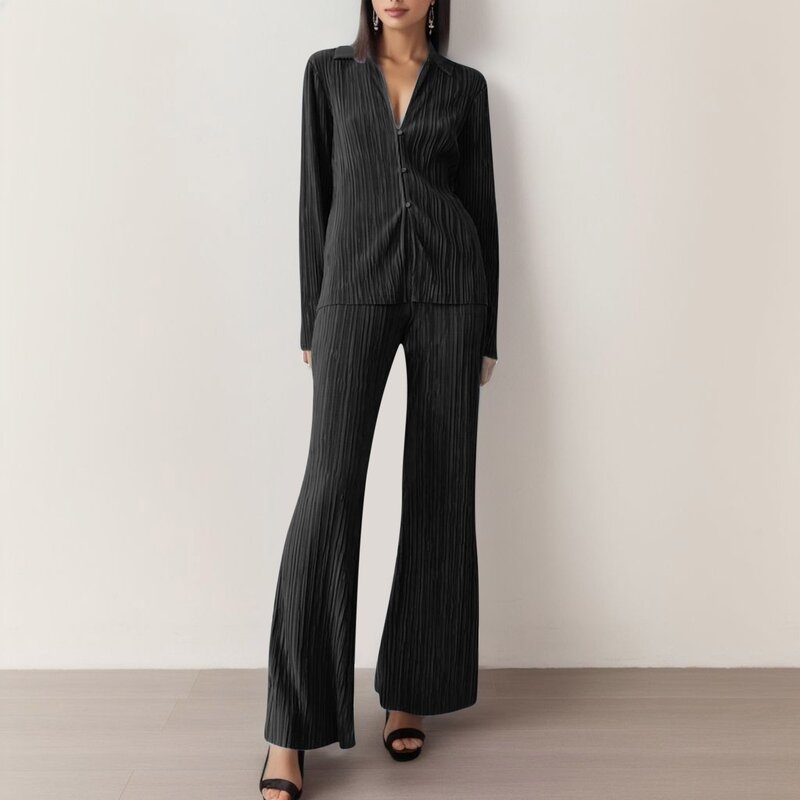 Roupas plissadas de duas peças para mulheres, terno elegante, manga comprida, camisa de botão extragrande, calças largas, moda streetwear