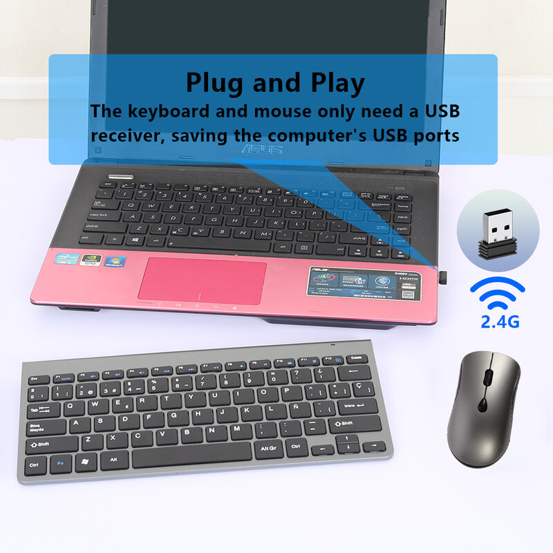 2.4G 무선 키보드 및 마우스, 러시아어 한국어 히브리어 USB 휴대용 미니 키보드 마우스 세트, PC 노트북용