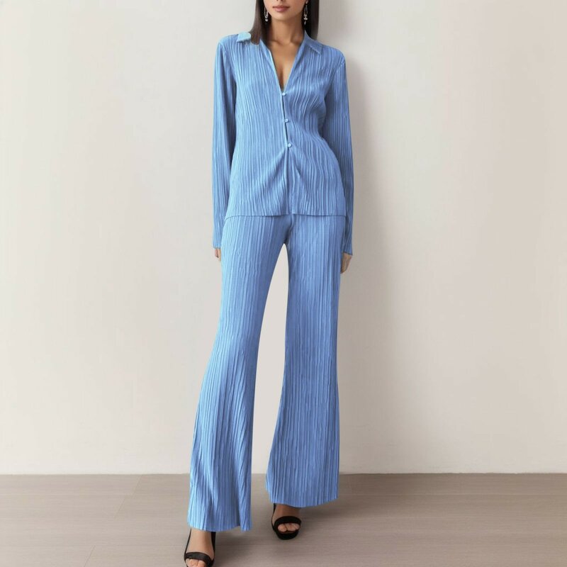 Pleated Women's Two Piece Set Outfits Elegant Long Sleeve Oversized Button Shirt and Wide Leg Pants Suit Fashion Streetwear