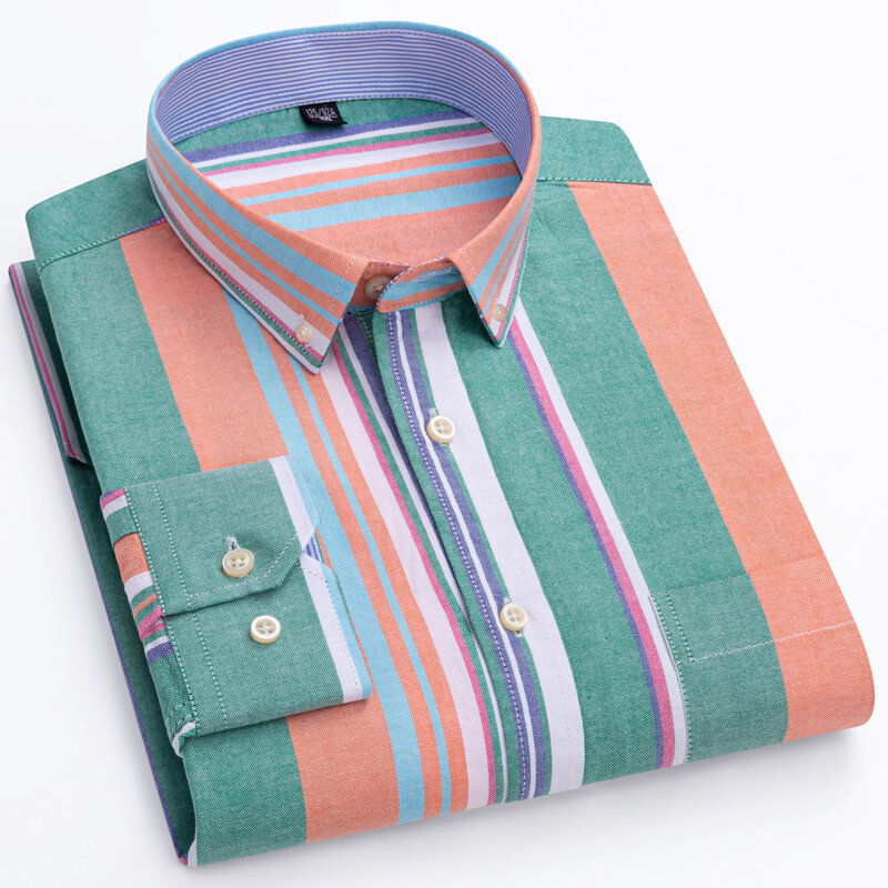Camisa informal a rayas Oxford para hombre, camisa de manga larga con un solo bolsillo de parche, ajuste estándar, cómoda, con botones, 100% algodón