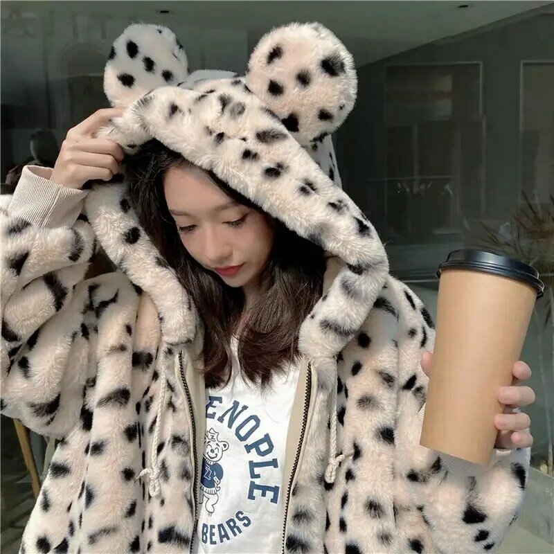 Kawaii Winter Women Faux Fur Coat Leopard Print Plush Hooded Jacket Fashion Cute Sweet Soft Thick Warm Outwear Streetwear 2024