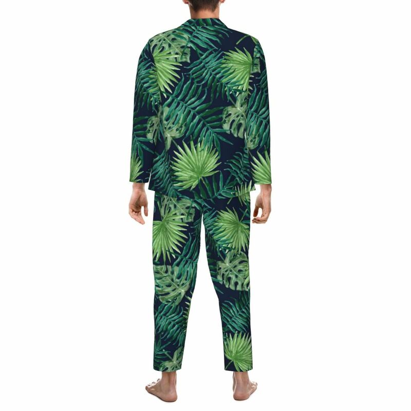Пижама Мужская с тропическими листьями, домашняя одежда для сна в джунглях, пальмовый принт, 2 предмета, повседневный пижамный комплект с длинным рукавом, романтический домашний костюм оверсайз