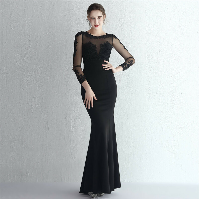 Женское вечернее платье-русалка, элегантное кружевное платье с длинными рукавами и аппликацией бусинами для торжества, вечеринки
