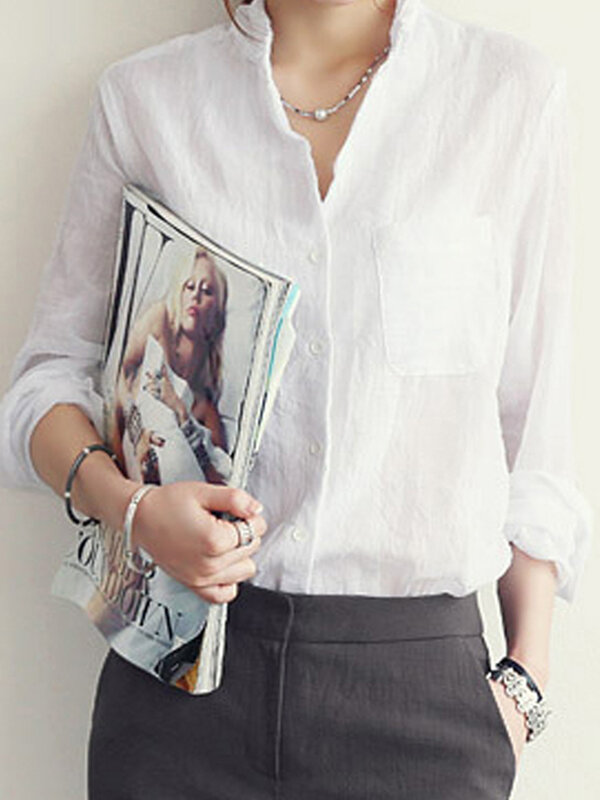 Blusa de manga larga para mujer, camisa blanca de lino, moda coreana, Otoño, 2024