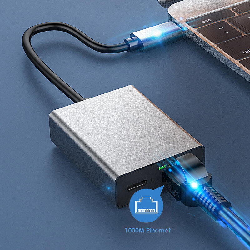 Kabel Internet, 1000Mbps tipe-c ke RJ45 Internet Plug and Play USB ke Ethernet jaringan Adapter mendukung pengisian PD untuk ponsel/Tablet