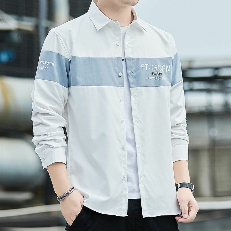 최고급 남성 티셔츠 봄 가을 긴팔 캐주얼 작업 셔츠, 한국 패션, 남성 의류 B0026