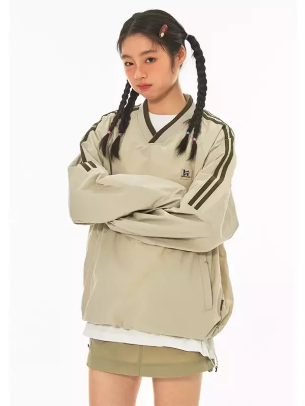 QWEEK-sudaderas Vintage Y2K para mujer, Sudadera con capucha de béisbol Gorpcore Retro americano, de gran tamaño, de secado rápido, jersey con cuello en V de estilo coreano