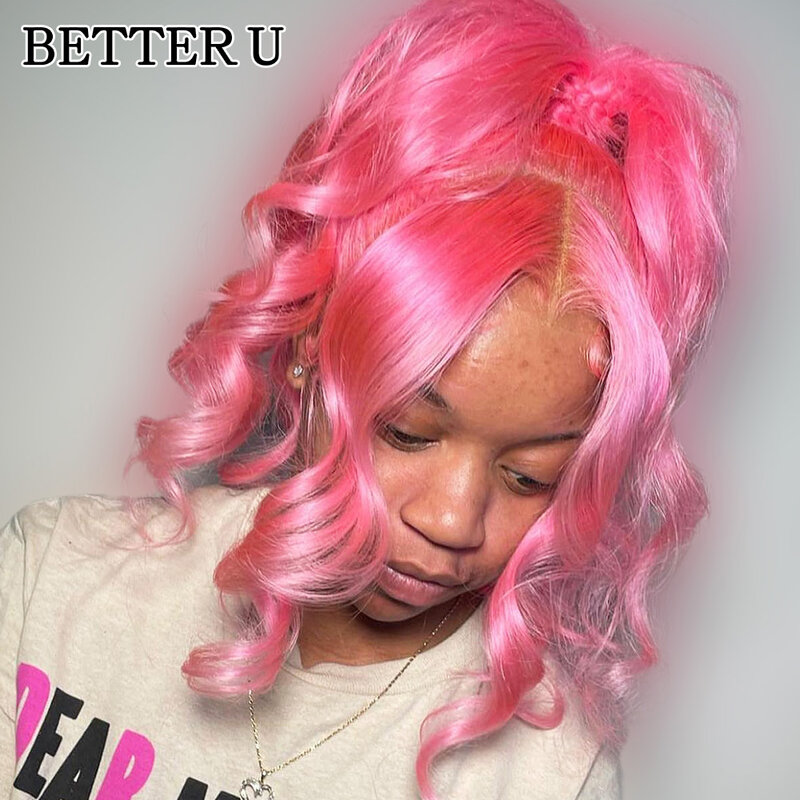 Peluca de cabello humano rosa brillante, pelo preestirado con malla frontal, transparente, 13x4, alto brillo, 250 de densidad