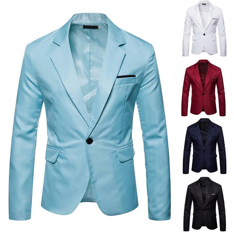 Blazer de manga comprida masculino, casaco cor pura, jaqueta bolsos, outwear elegante, todos os jogos