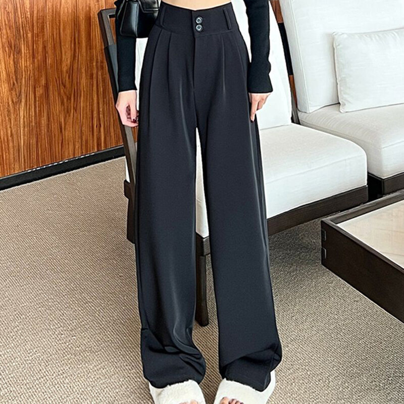 Брюки Женские однотонные с завышенной талией, офисные прямые штаны с двойной пуговицей и широкими штанинами, подходят ко всему в Корейском стиле, на лето