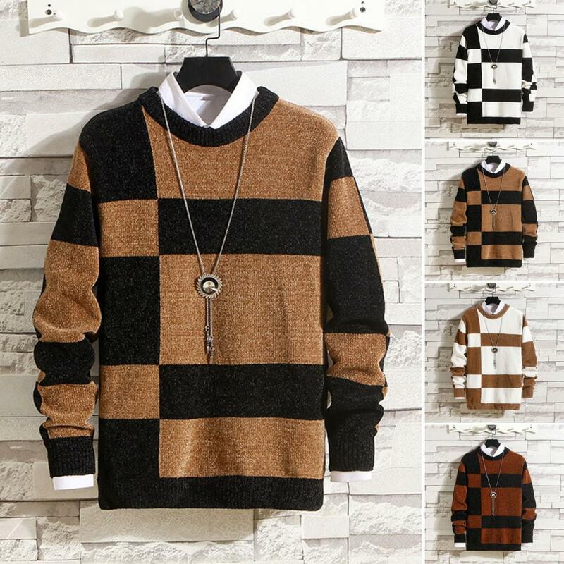Men Sweater Autumn Winter Contrast Color High Elastic Knitwear Thickened O-neck Long Sleeve Knitting Tops Men's Clothing