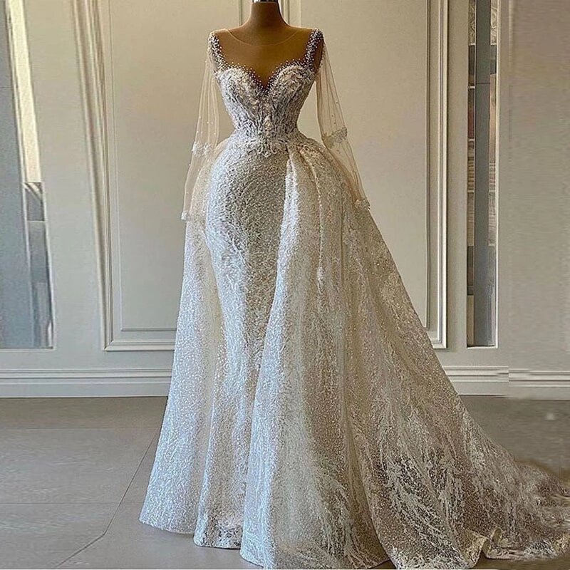 Luxury Sparkly Sequin Wedding Dresses for Womem 2022 Mermaid Crystals Long Sleeves with Detachable Train African Bridal Gowns