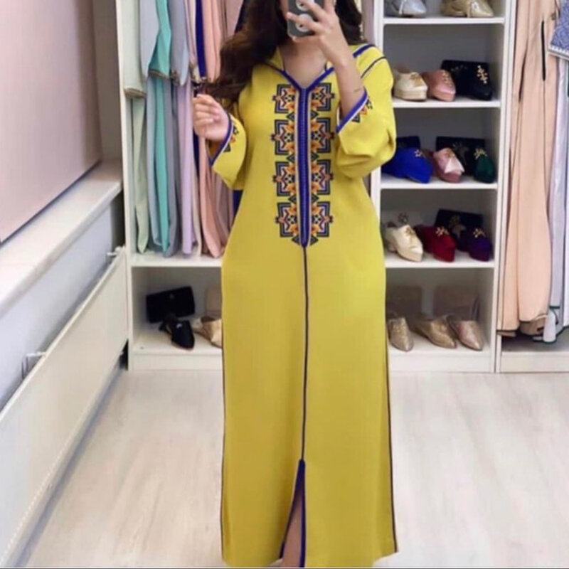 Gamis wanita lengan panjang, pakaian wanita Arab Dubai, baju Abaya longgar, kuning, lengan panjang, jubah wanita kerah V, Islami, Jalabya, Maroko