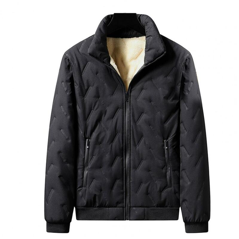 Wind Resistant Men Jacket Windproof Mid Length Men's Jacket with Stand Collar Thick Plush Padding Zipper Closure for Winter Fall