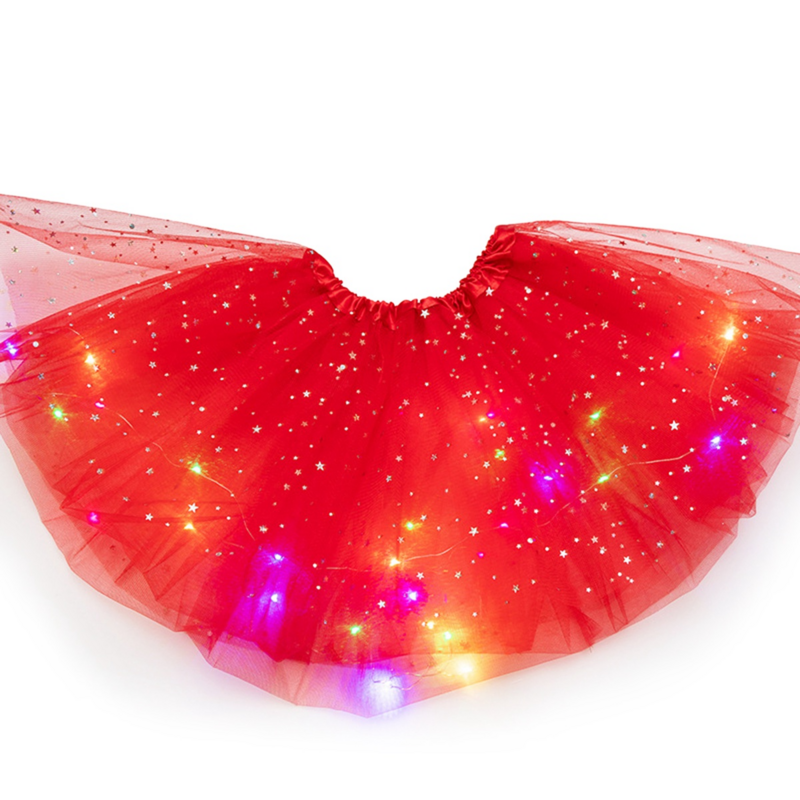 Estrelas das mulheres Tutu Lantejoula com Luzes LED, Vestido Vermelho Dance Party Curto, Saias Tutu Coloridas