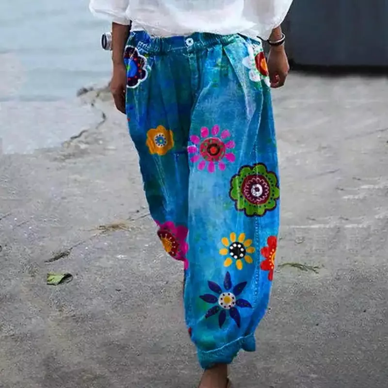 Szeroka nogawka spodnie w kwiaty kwiatowy wzór szeroka nogawka spodnie latarnia wygodnego oddychającego spodnie dla kobiet na wzór w kwiaty wiosna/lato
