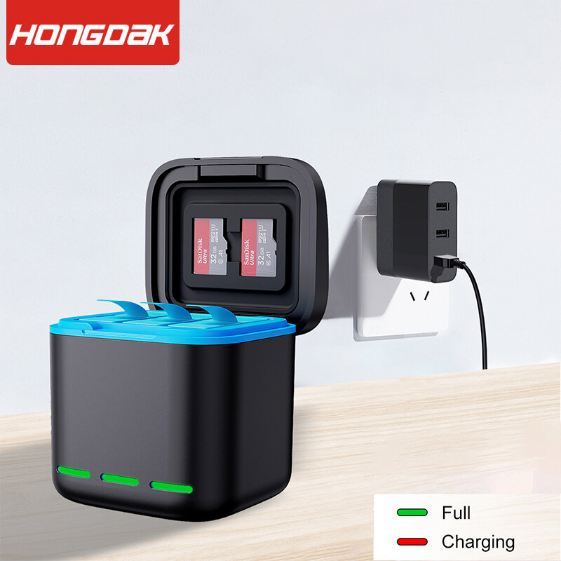 Hongdak-GoProカメラ用の高速充電器,ブラックバッテリー充電器,1800mAhバッテリー,3スロット,カメラアクセサリー