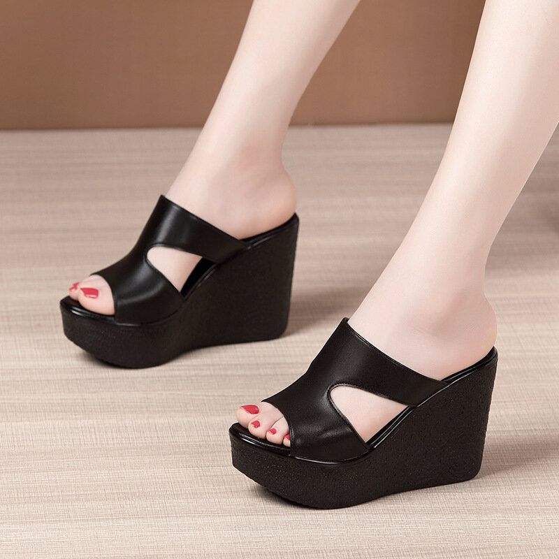Plus Size 40 moda scarpe in pelle PU pantofole con zeppa da donna estate 2024 tacchi alti scivoli con plateau modello da ufficio sandali neri