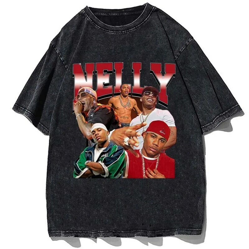 Nelly Rapper kemeja Retro kaus Hip Hop katun Vintage ukuran besar pria mode musim panas kasual atasan lengan pendek kaus Streetwear