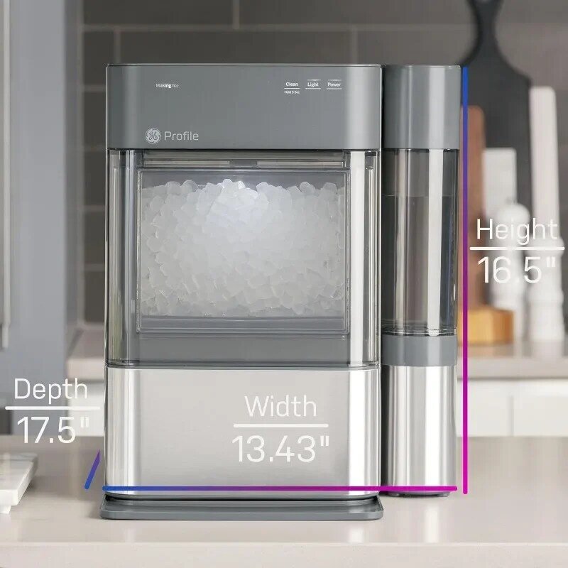 Aço inoxidável Countertop Nugget Ice Maker com tanque lateral, Máquina de gelo com conexão Wi-Fi, ge Perfil Opal 2.0