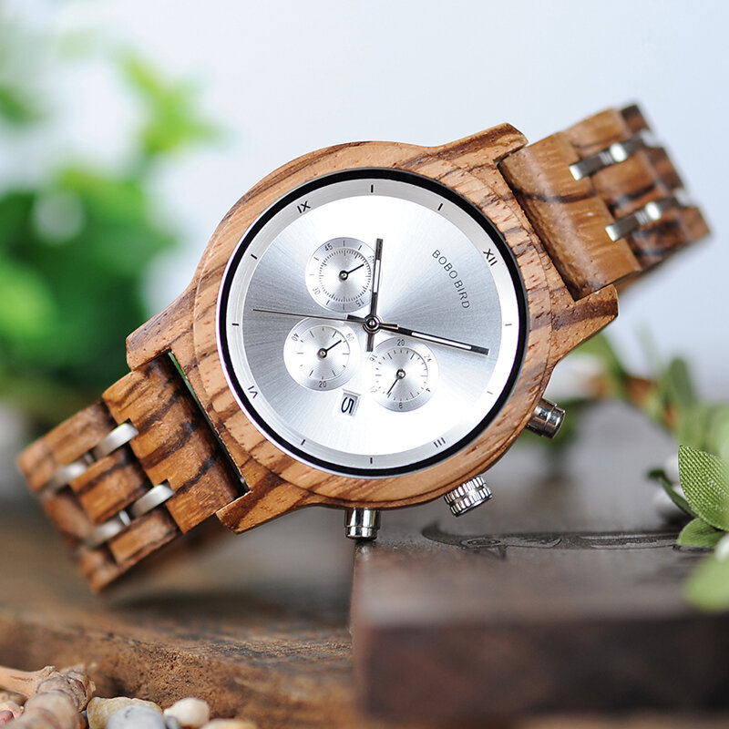 BOBOBIRD-Montre à quartz chronographe pour couple, montre-bracelet en bois faite à la main avec calendrier, boîte cadeau en bois, lui et lui