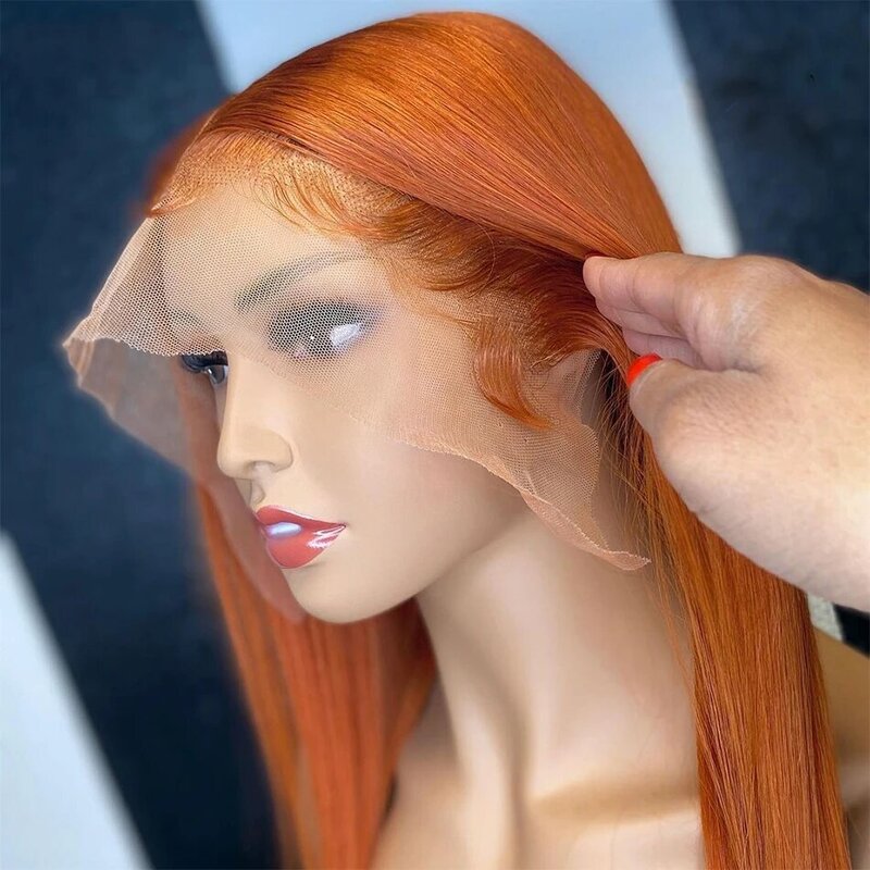 Peruca frontal do laço reto do osso para mulheres, perucas pré arrancadas, cabelo humano, gengibre laranja, 13x4, 13x6 HD, 30"
