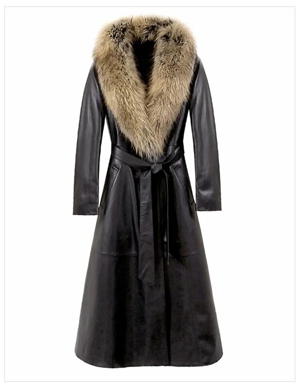 2023 Genuine Leather Jacket Women Long Women's Down Jackets Sheepskin Coat Female Raccoon Dog Fur Collar Cuero Genuino Pph1794