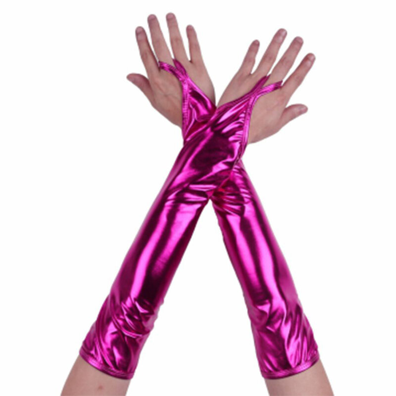 Женские модные длинные перчатки из блестящей кожи, перчатки с большим рукавом-фонариком, женские яркие однотонные перчатки для выступлений