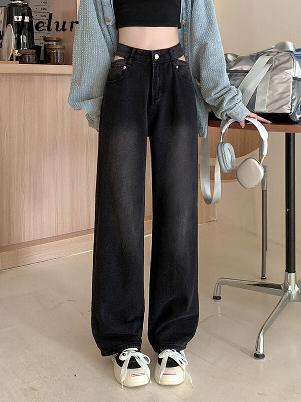 Jielur-pantalones vaqueros ahuecados de cintura alta para mujer, Vaqueros rectos de pierna ancha, sueltos y ajustados, color negro, S-XL