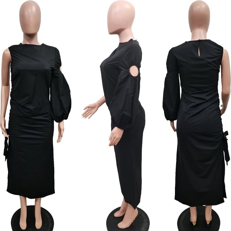 Платья в африканском стиле для женщин, весна-осень 2024, платье в африканском стиле с круглым вырезом и длинным рукавом-фонариком, однотонное длинное облегающее платье, африканская одежда