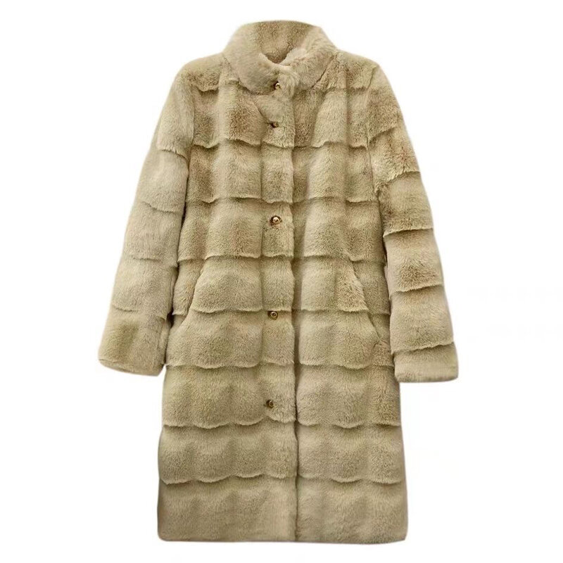 2024 New Mink Plush Coat Female Winter Pearl Buckle Stand Collar Imitation Mink Velvet Long Wool Coat Slim Warm Padded Coat