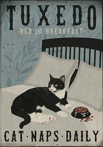 レトロな金属のブリキの看板、tuxedo猫のベッドと朝食の猫の日のポスター毎日のポスターの装飾、ブリキの看板ヴィンテージの金属の看板