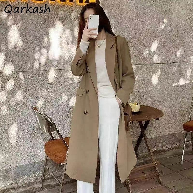 Midi Blazers Coats Women Solid Double Breasted Loose Autumn Winter Elegant All-match Female Gentle Coldproof Leisure Daily Chic