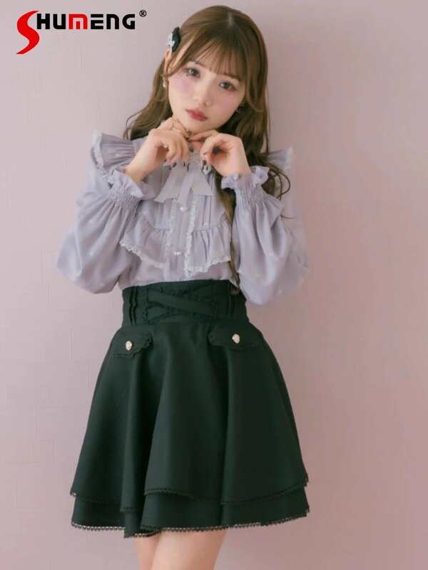 Lolita-faldas cortas de Tweed con cinturón cruzado para mujer, faldas negras de doble cuerno, estilo Kawaii, estilo japonés, superpuestas, 2024