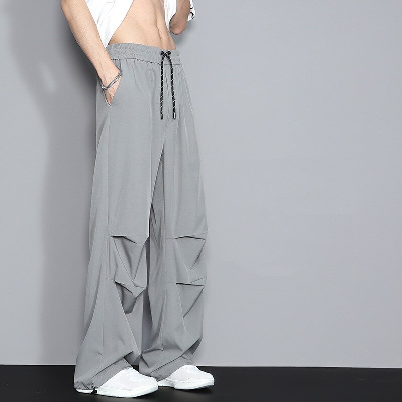 Men's Clothing Solid Color Pockets Drawstring Elastic High Waist Loose Fashionable Casual Spring Autumn Wide Leg Cargo Pants