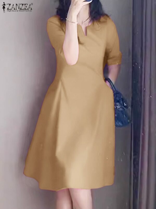 Платье ZANZEA женское с коротким рукавом, модное однотонное Элегантное повседневное до колена, с V-образным вырезом и карманами, в Корейском стиле, на лето