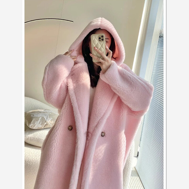 2023 Winter New Women's Thickened Warm Teddy Bear White Hooded Coat Female Mid Length Long Sleeve Faux Fur Fur Winter Outerwear