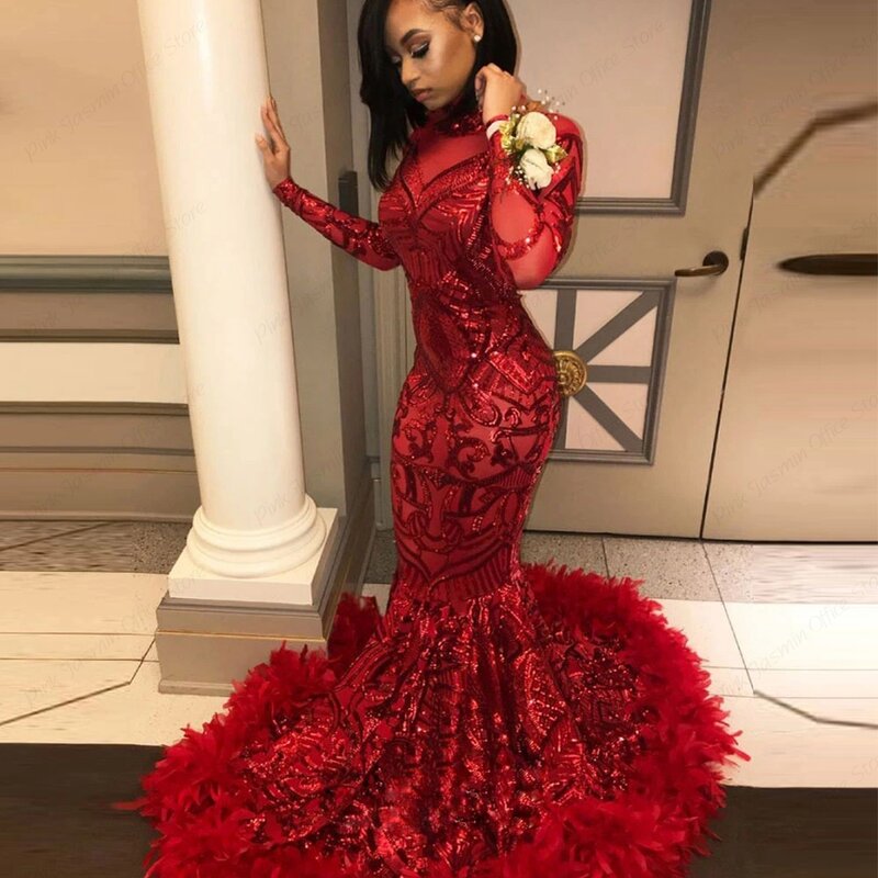 Red Prom Gowns for African American Full Sleeve Charming Mermaid Evening Dresses with Sequined High Neck Vestido De Noche New