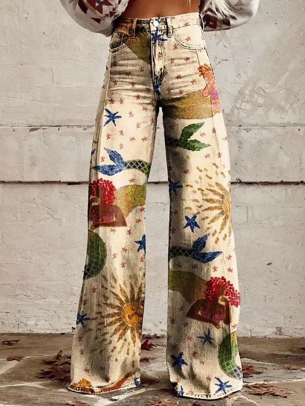 Jeans floral feminino de cintura alta perna larga, calça fina de imitação solta, calça elegante