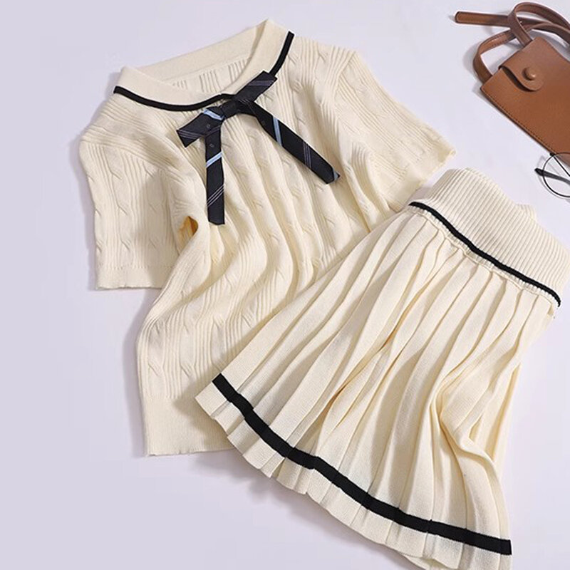Two Pieces Sets Women Fashion Sweet Bowknot Short Sleeves Top + Mini Pleated Skirts 2024 New Korea Summer Casual Outfits
