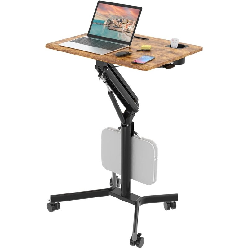 Stojące biurko komórkowy, 28-calowy biurko na laptopa toczny z regulacją na małą wysokość, przenośne biurko z zamykanymi kołami