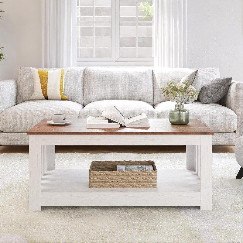 Table basse en bois de style unique, table basse blanche, console rectangulaire à 2 niveaux, salon, rayures, degré d'eau