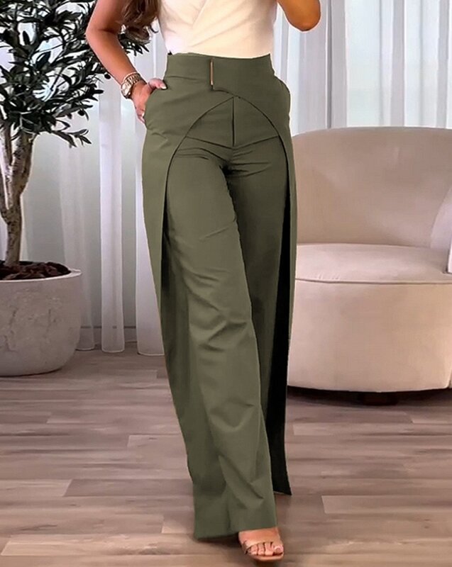 Calça de perna larga assimétrica feminina, cintura alta, sobreposição, calça casual feminina, fundo elegante, nova moda, 2023
